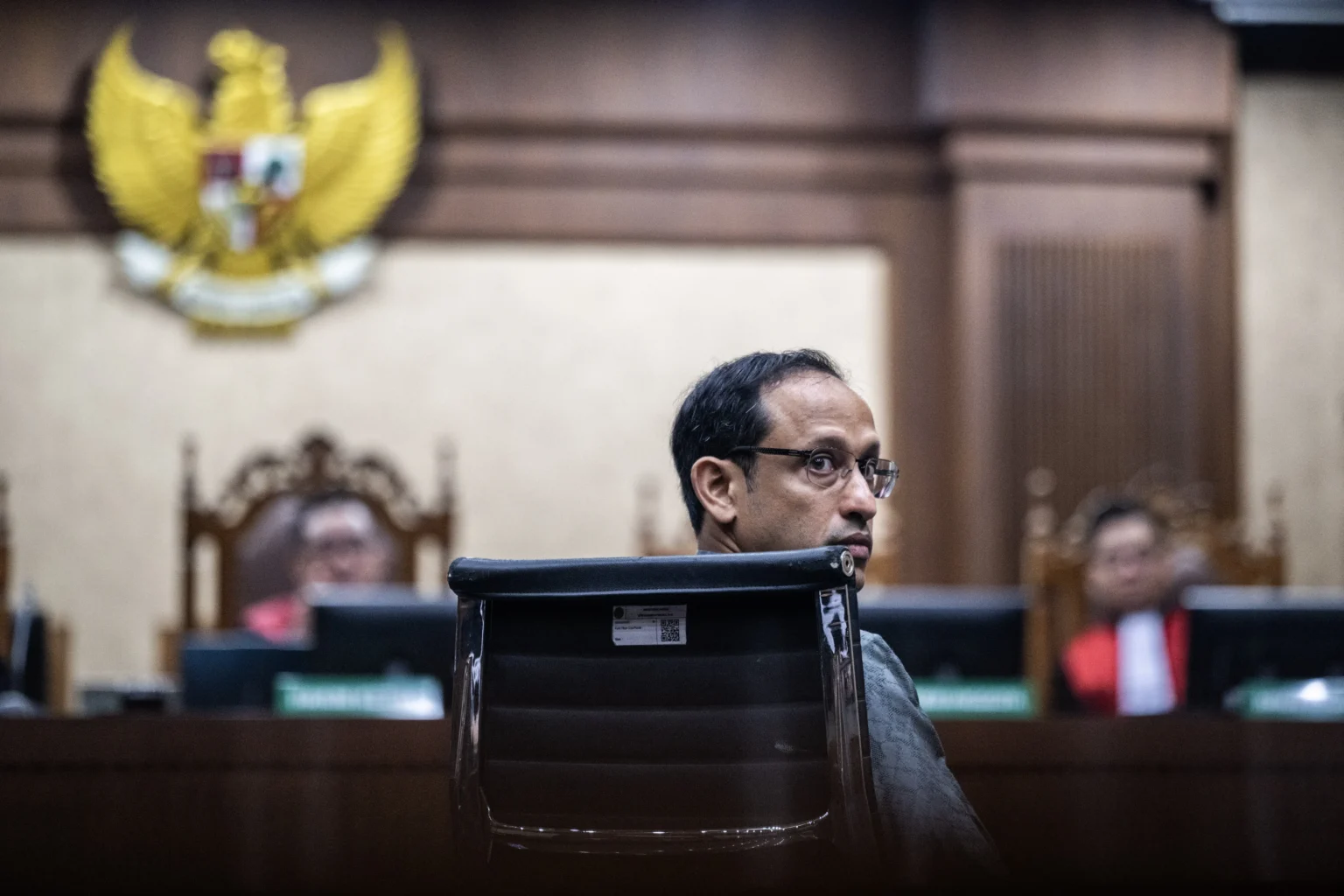Terdakwa kasus dugaan korupsi dalam digitalisasi pendidikan pengadaan laptop Chromebook Nadiem Makarim mengikuti sidang pembacaan eksepsi di Pengadilan Tipikor, Jakarta, Senin (5/1/2026).