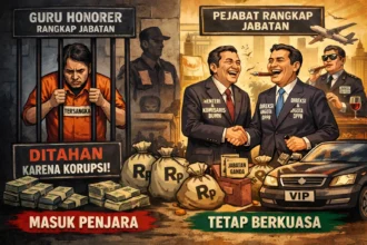 Gambar ilustrasi perbandingan rangkap jabatan antara guru honorer dan pejabat negara