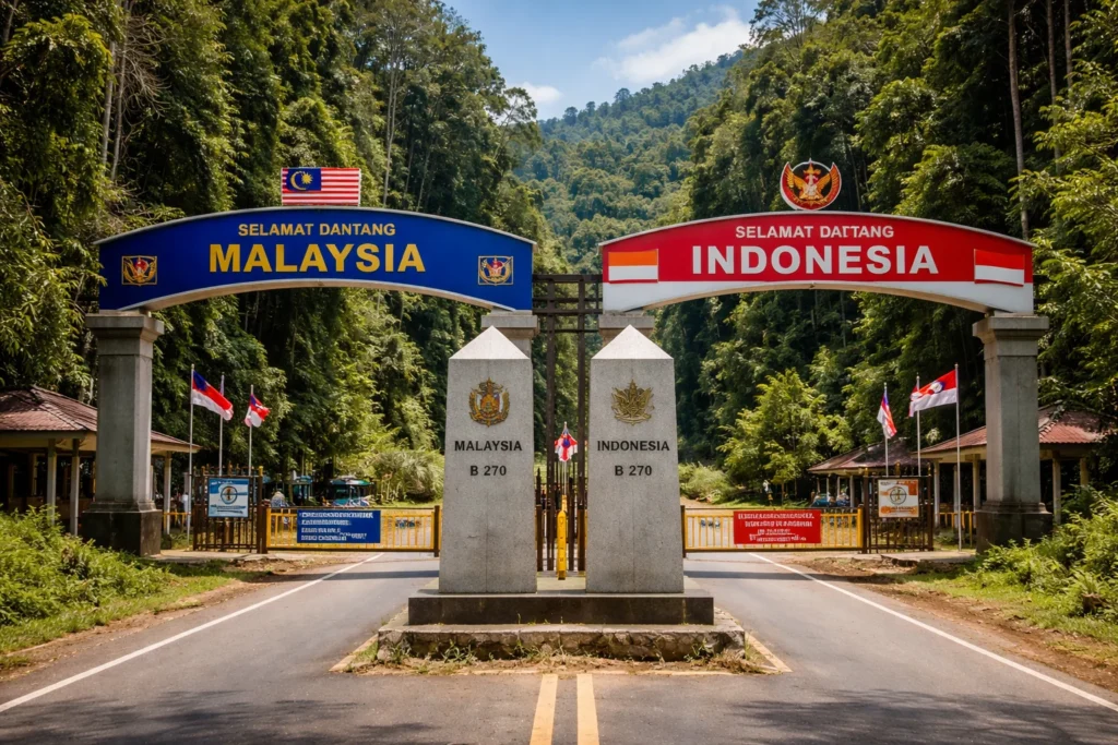 Ilustrasi Batas Negara Indonesia dan Malaysia. (Gambar dibuat AI)