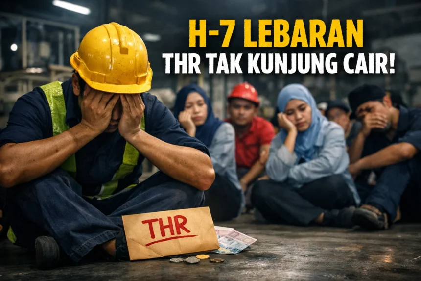 Ilustrasi pekerja atau buruh belum menerima THR H-7 Lebaran. (Gambar dibuat AI)