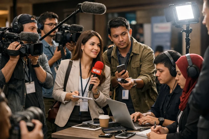 Gambar ilustrasi aktifitas kerja wartawan/jurnalis (Gambar dibuat oleh AI)