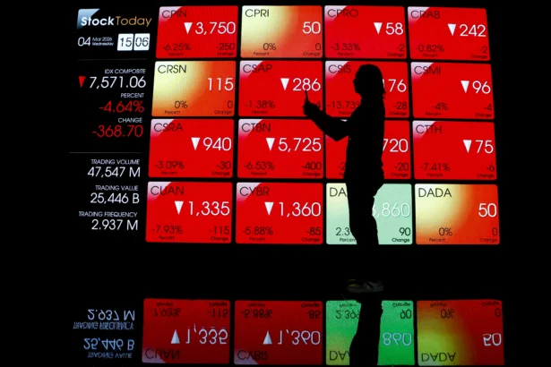 Pengunjung melintas di depan layar yang menampilkan pergerakan Indeks Harga Saham Gabungan (IHSG) di Bursa Efek Indonesia, Jakarta.