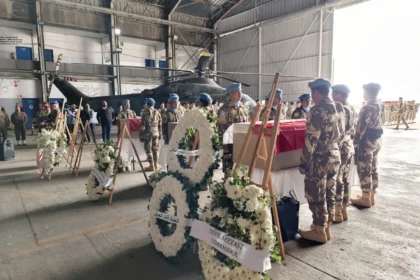 Upacara pelepasan jenazah tiga anggota TNI yang gugur saat melaksanakan misi perdamaian di Lebanon, dilaksanakan di Bandara Internasional Rafic Hariri