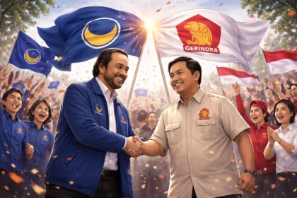 Ilustrasi Merger Partai NasDem dan Partai Gerindra. (Sumber: Dibuat AI)
