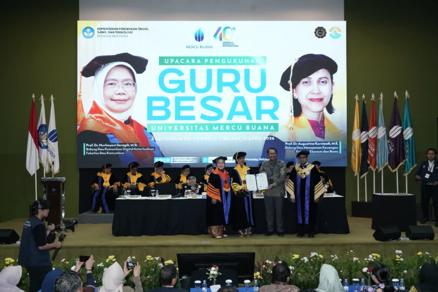 Dua guru besar perempuan Universitas Mercu Buana (UMB) dikukuhkan pada Selasa, 21 April 2026, bertepatan peringatan Hari Kartini.