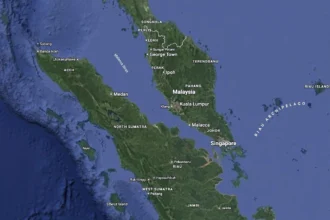 Selat Malaka yang menjadi jalur perdagangan strategis di dunia. (Sumber: Google Maps)