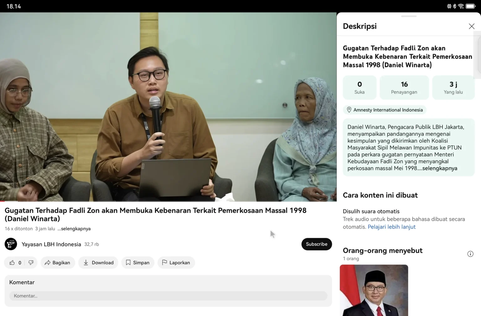 Kuasa Hukum Koalisi Masyarakat Sipil Melawan Impunitas, Daniel Winarta.
