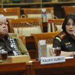 Kepala Kejaksaan Tinggi Sumatera Utara Harli Siregar (kiri) dan Kepala Kejaksaan Negeri Kabupaten Karo Danke Rajagukguk (kanan) menyampaikan pendapat saat rapat dengar pendapat umum (RDPU) dengan Komisi III DPR di Kompleks Parlemen, Senayan, Jakarta