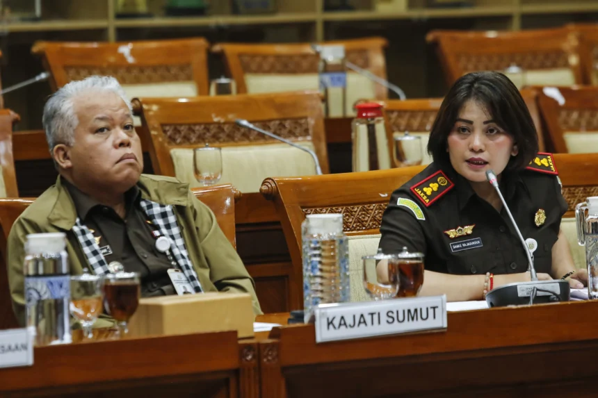 Kepala Kejaksaan Tinggi Sumatera Utara Harli Siregar (kiri) dan Kepala Kejaksaan Negeri Kabupaten Karo Danke Rajagukguk (kanan) menyampaikan pendapat saat rapat dengar pendapat umum (RDPU) dengan Komisi III DPR di Kompleks Parlemen, Senayan, Jakarta