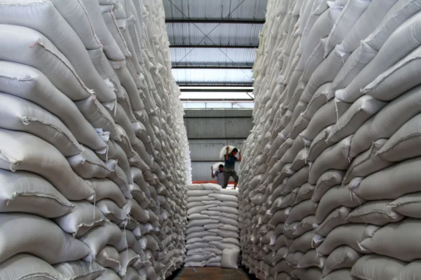 Ilustrasi buruh mengangkut beras untuk kesiapan stok beras di gudang Perum Bulog Lhokseumawe, Aceh