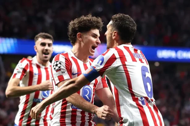 Selebrasi pemain Atletico Madrid usai membawa hasil imbang melawan Arsenal