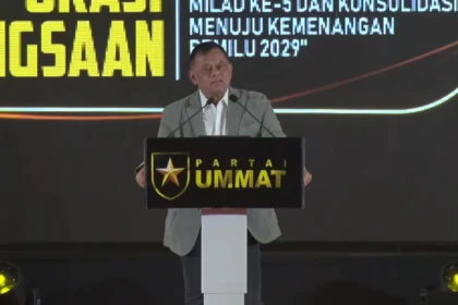 Mantan Panglima TNI, Gatot Nurmantyo, saat berpidato di acara Milad ke-5 Partai Ummat melalui kanal resmi akun YouTube Partai Ummat Official.