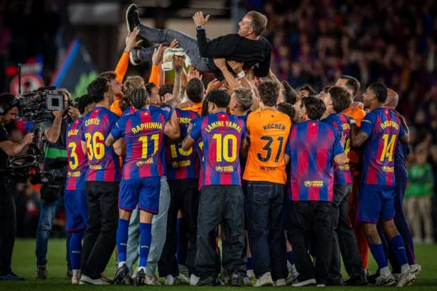 Selebrasi para pemain Barcelona FC usai meraih gelar Liga Spanyol musim 2025/2026