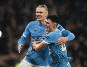 Selebrasi dua pemain Manchester City, Phil Foden dan Erling Haaland.