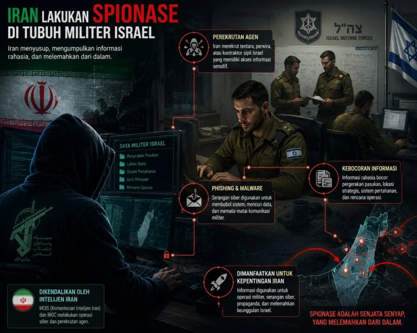 Ilustrasi Spionase di tubuh Militer Israel oleh Iran. (Sumber: Dibuat AI)