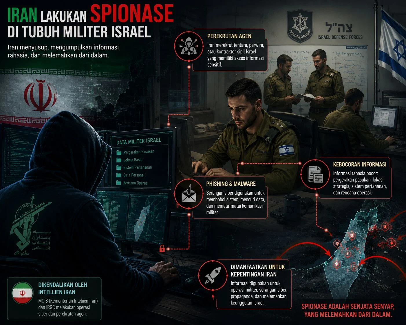 Ilustrasi Spionase di tubuh Militer Israel oleh Iran. (Sumber: Dibuat AI)