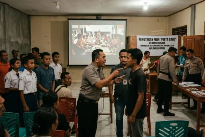 Ilustrasi pembubaran Nobar Film Pesta Babi. (Sumber: Dibuat AI)
