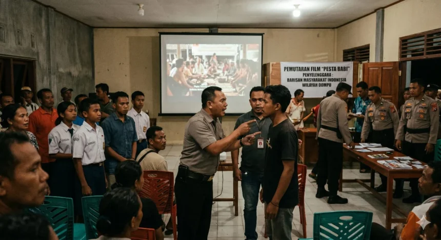 Ilustrasi pembubaran Nobar Film Pesta Babi. (Sumber: Dibuat AI)
