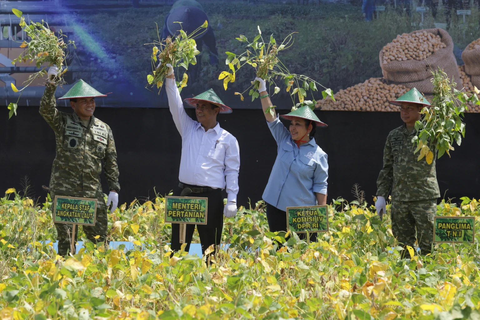 Menteri Pertanian Andi Amran Sulaiman (kedua kiri) bersama Panglima TNI Jenderal TNI Agus Subiyanto (kanan), Ketua Komisi IV DPR Siti Hediati Hariyadi Soeharto (kedua kanan), dan Kepala Staf Angkatan Laut Laksamana TNI Muhammad Ali (kiri) mengangkat tanaman kedelai saat panen raya kedelai ketahanan pangan di Desa Ngudikan, Kabupaten Nganjuk, Jawa Timur, Kamis (14/5/2026). Kegiatan secara simbolis tersebut menjadi awal dimulainya panen kedelai seluas 400 hektare di Kabupaten Nganjuk sebagai upaya menuju swasembada kedelai nasional. (ANTARA FOTO/Prasetia Fauzani)