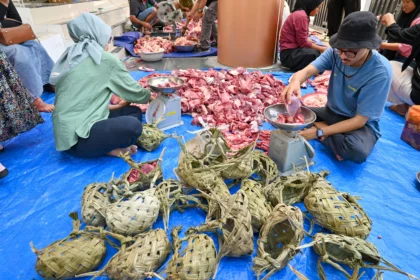 Petugas menimbang daging kurban sebelum dikemas dengan menggunakan kamboti (keranjang terbuat dari daun silar) di Kantor Dinas Lingkungan Hidup Kota Palu, Sulawesi Tengah