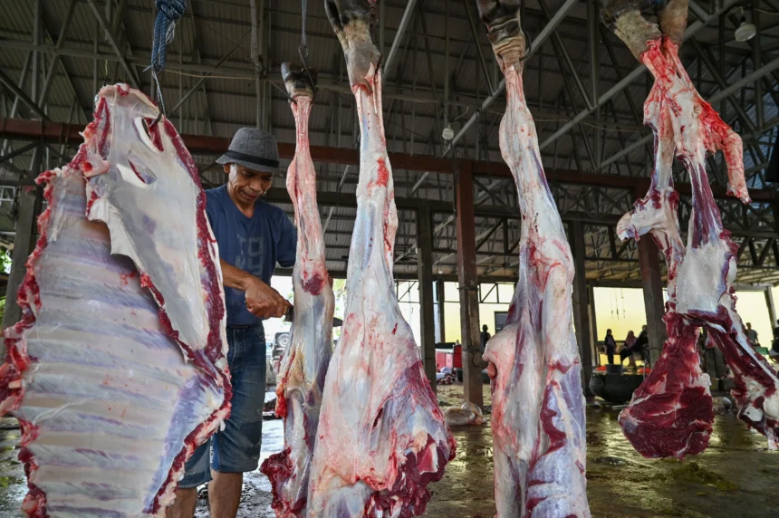 Pekerja menguliti dan memotong daging sapi kurban di Rumah Potong Hewan (RPH) Tavanjuka, Palu, Sulawesi Tengah