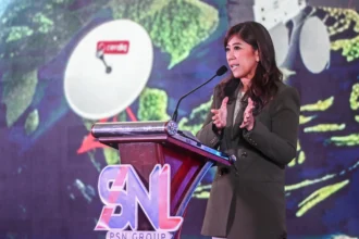 Menteri Komunikasi dan Digital (Menkomdigi) Meutya Hafid menyampaikan sambutan dalam acara Satelit Nusantara Lima Resmi Beroperasi di Jakarta