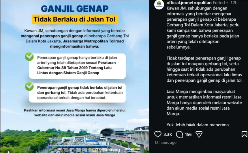 Tangkapan layar akun @official.jmmetropolitan soal gage tol.