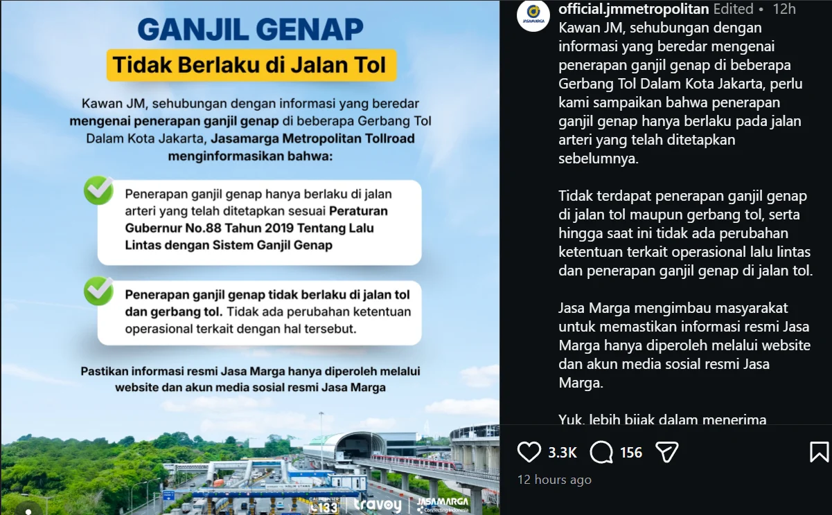 Tangkapan layar akun @official.jmmetropolitan soal gage tol.