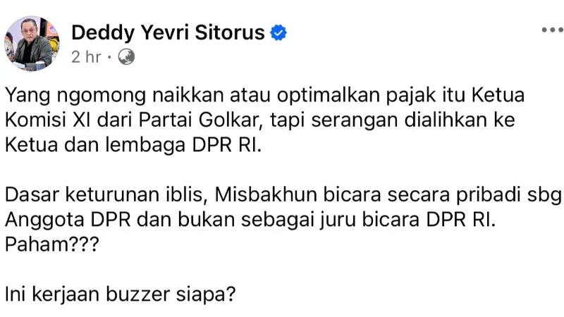 Unggahan Anggota DPR yang juga Politikus PDIP Deddy Sitorus.