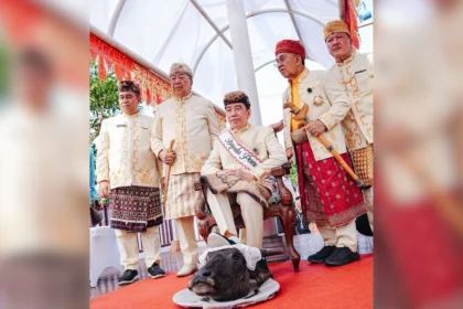 Presiden ke-7 RI Joko Widodo menginjak kepala kerbau saat menghadiri prosesi adat di Lampung. (Sumber: Istimewa)
