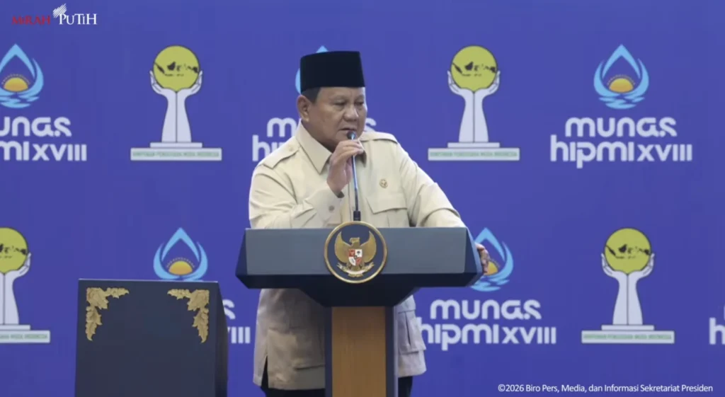 Presiden Prabowo Subianto di Musyawarah Nasional (Munas) XVIII Himpunan Pengusaha Muda Indonesia di Lampung. (Sumber: YT BPMI)