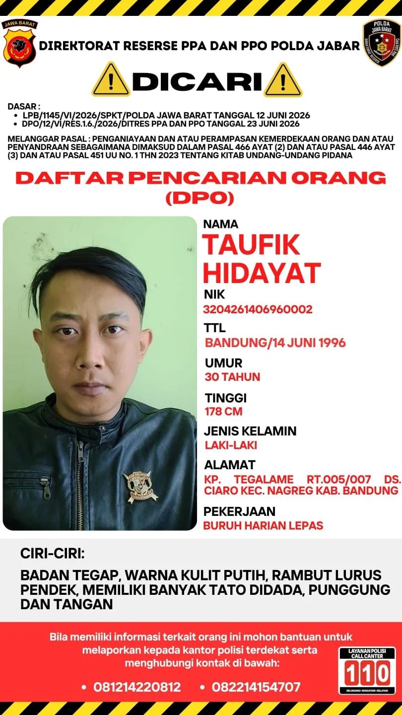 Polda Jawa Barat merilis foto DPO Taufik Hidayat.