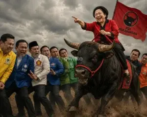 Ilustrasi Ketua Umum PDIP Megawati Soekarnoputri di atas Banteng samba tertawa.