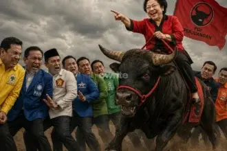 Ilustrasi Ketua Umum PDIP Megawati Soekarnoputri di atas Banteng samba tertawa.