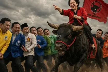 Ilustrasi Ketua Umum PDIP Megawati Soekarnoputri di atas Banteng samba tertawa.
