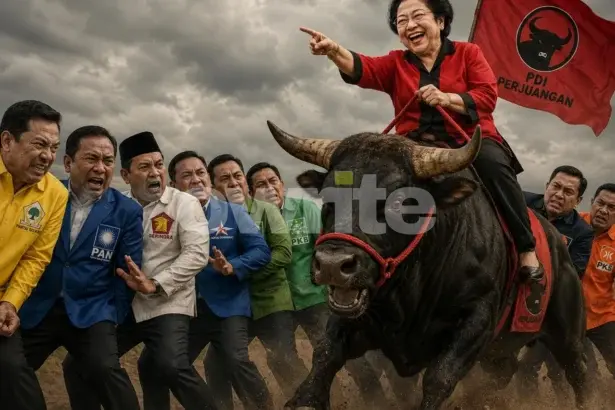 Ilustrasi Ketua Umum PDIP Megawati Soekarnoputri di atas Banteng samba tertawa.