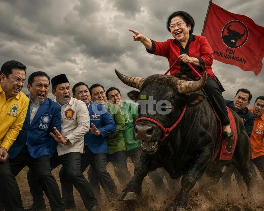 Ilustrasi Ketua Umum PDIP Megawati Soekarnoputri di atas Banteng samba tertawa.