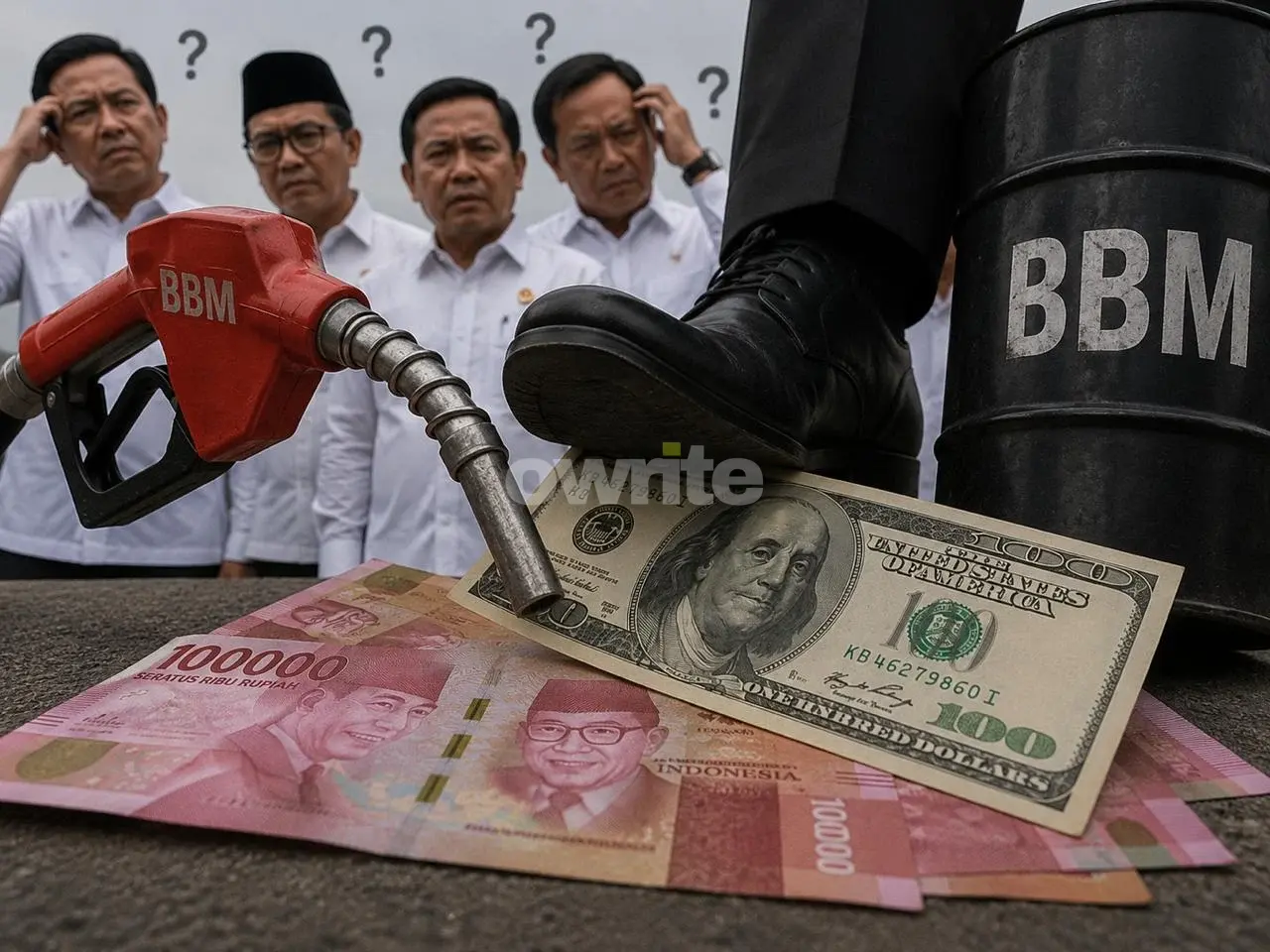 Ilustrasi BBM dan uang dolar AS dan rupiah.