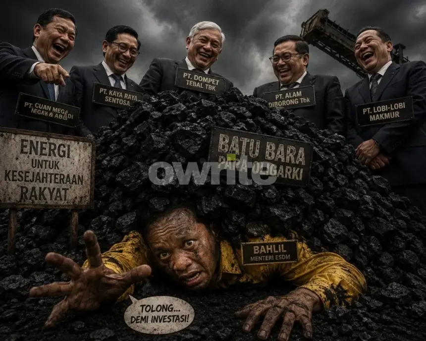 Ilustrasi oligarki batubara dan Menteri ESDM Bahlil Lahadalia.