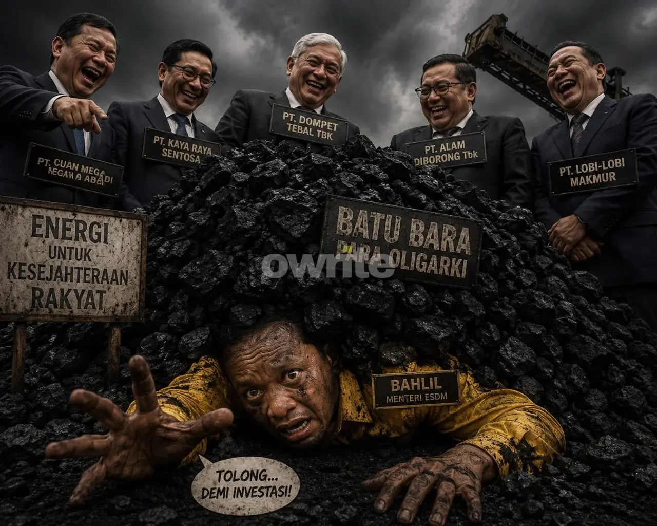 Ilustrasi oligarki batubara dan Menteri ESDM Bahlil Lahadalia.