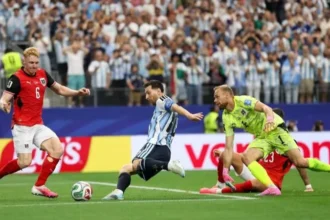Aksi Lionel Messi saat laga melawan Austria di Piala Dunia 2026.