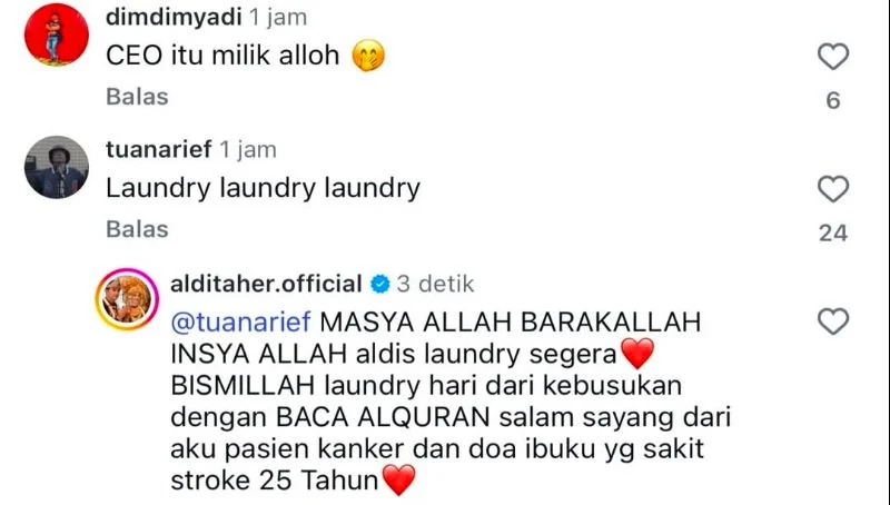Respons Aldi Taher tanggapi unggahan netizen.