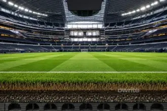 Ilustrasi rumput stadion sepak bola.