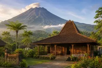 Ilustrasi rumah Joglo di lereng gunung.