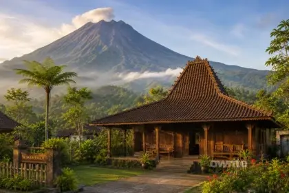 Ilustrasi rumah Joglo di lereng gunung.