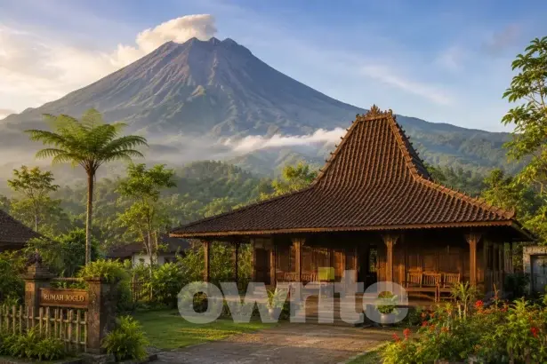 Ilustrasi rumah Joglo di lereng gunung.