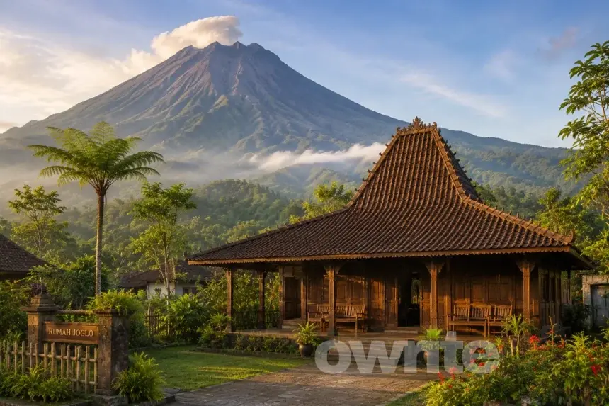 Ilustrasi rumah Joglo di lereng gunung.
