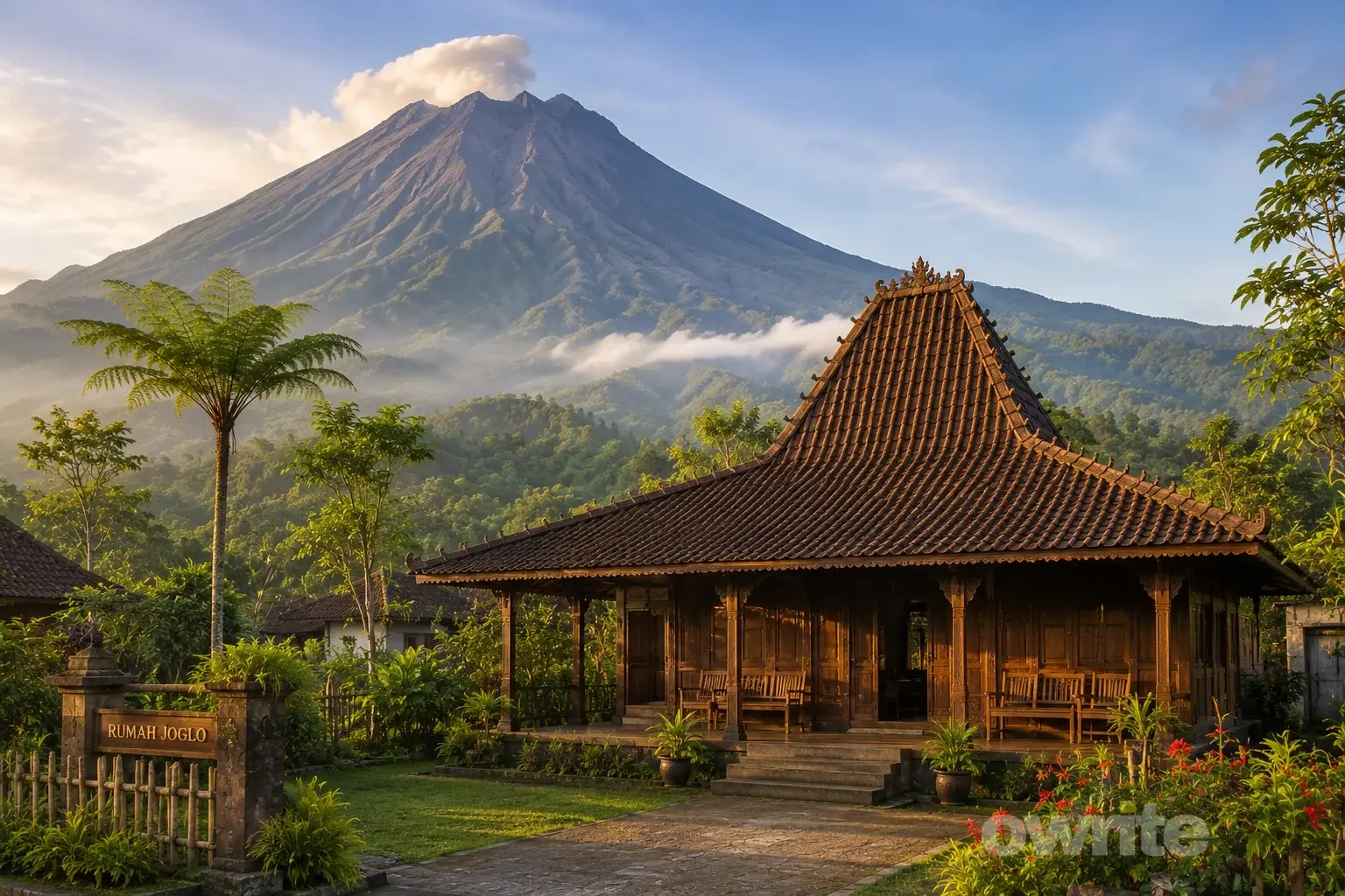 Ilustrasi rumah Joglo di lereng gunung.