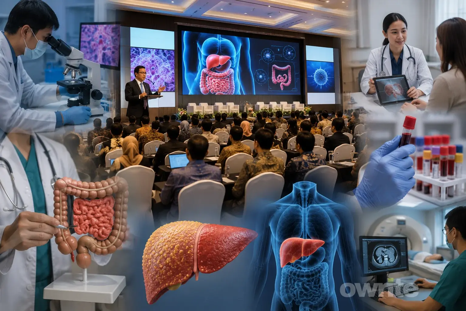 Konferensi medis dan ilustrasi anatomi manusia.