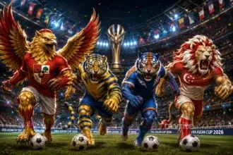 Ilustrasi julukan Timnas Indonesia, Malaysia, India, dan Sinagpura, dalam FIFA Asean Cup 2026.